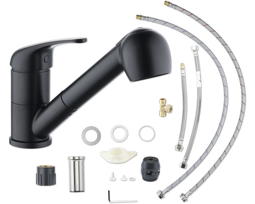Baterie de bucătărie neagră cu duș extractibil și accesorii