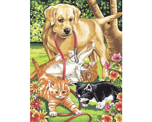 Ilustrație cu un câine cu o lesă și trei pisoi jucăuși