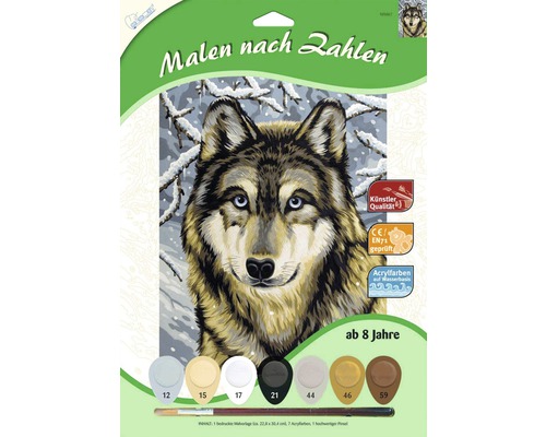 Pictură după numere set cu motiv lup, inclusiv culori și pensulă