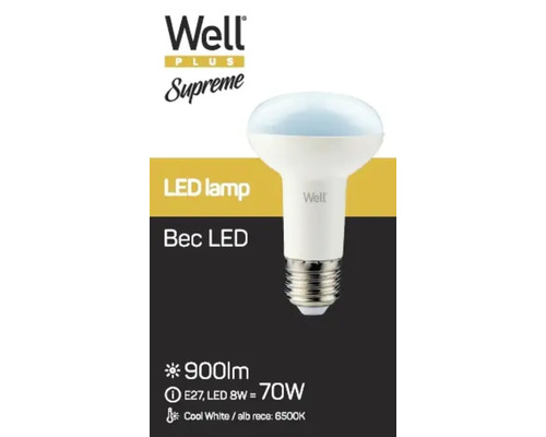 Logo Well. Bec LED cu soclu E27, putere 8 W și flux luminos de 900 lumeni.