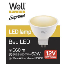 Sigla Well. Lampă LED Bec LED GU5.3 LED 7 wați echivalent cu 62 wați, 660 lumeni, lumină albă caldă cu 3000 Kelvin, tensiune joasă 12 volți