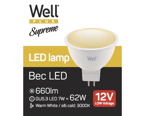 Sigla Well. Lampă LED Bec LED GU5.3 LED 7 wați echivalent cu 62 wați, 660 lumeni, lumină albă caldă cu 3000 Kelvin, tensiune joasă 12 volți