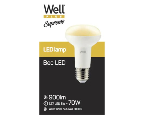 Bec LED Well Bec E27, 8 wați, echivalent cu 70 wați, 900 lumeni, alb cald
