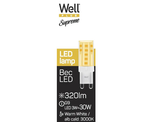 Bec LED Well Plus Supreme G9, 3 wați echivalent cu 30 wați, 320 lumeni