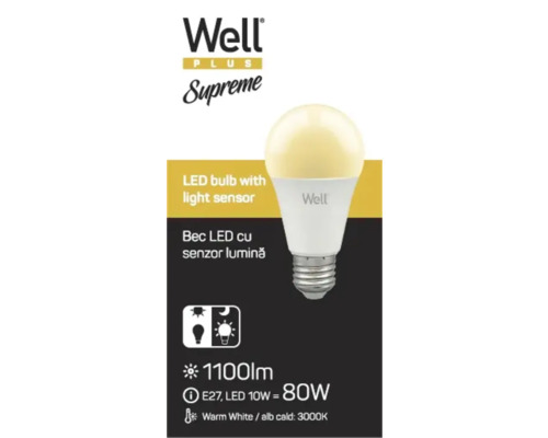 Well Logo Bec LED cu senzor de lumină, E27, 10 wați