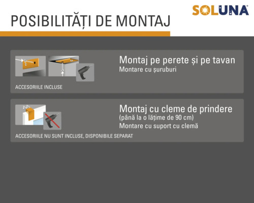 Opțiuni de montaj Soluna pentru perete și tavan cu șuruburi, sau cu cleme până la 90 cm lățime