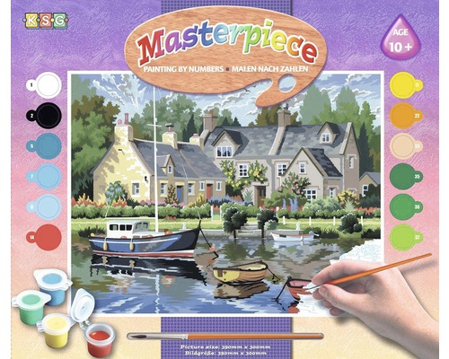 Set pictură pe numere cu case pe lac și bărci