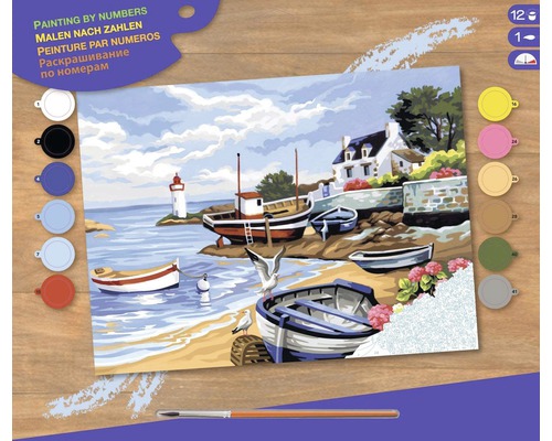Pictură după numere cu motiv de coastă și bărci