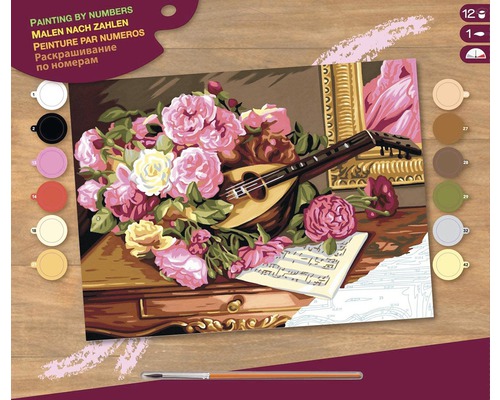Pictură pe numere Natură statică cu trandafiri, mandolină și partitură