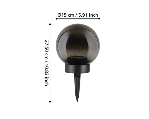 Lampa de grădină sferică cu țăruș de pământ, cu diametrul de aproximativ 15 centimetri și înălțimea de aproximativ 27,5 centimetri