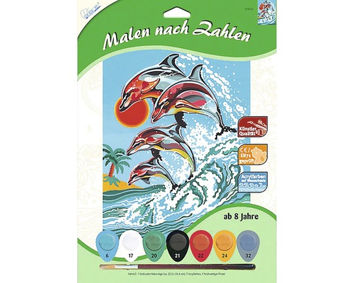 Pictură pe numere cu motiv delfini, potrivită pentru copii de la 8 ani