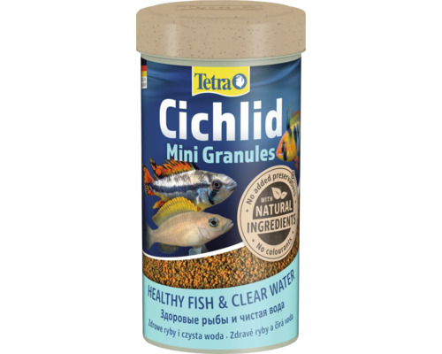 Hrană pentru pești, mini-granule Tetra Cichild 250 ml Tetra Cichlid Mini Granules Hranule mini pentru pești, cutie