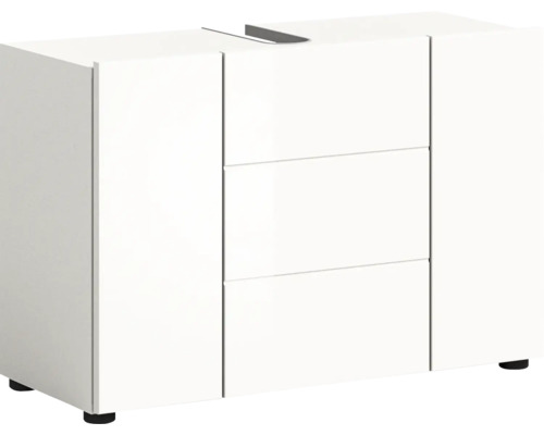 Dulap alb sub chiuvetă cu sertare și uși pentru baie