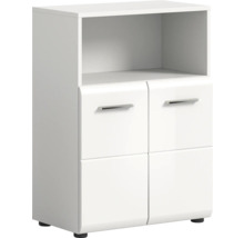 Dulap lateral alb cu compartiment deschis și patru sertare