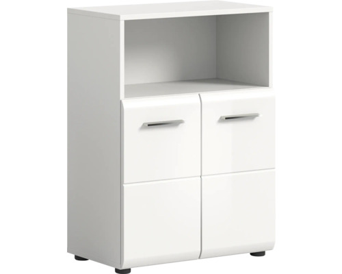 Dulap lateral alb cu compartiment deschis și patru sertare