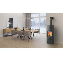 Living cu masă, scaune și sobă de teracotă.