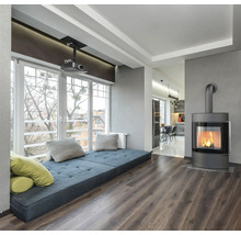 Cameră de zi cu pervaz, șemineu și proiector