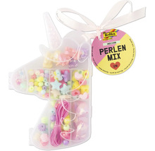 Set de mărgele într-un recipient în formă de unicorn cu mărgele, pandantive și elastic