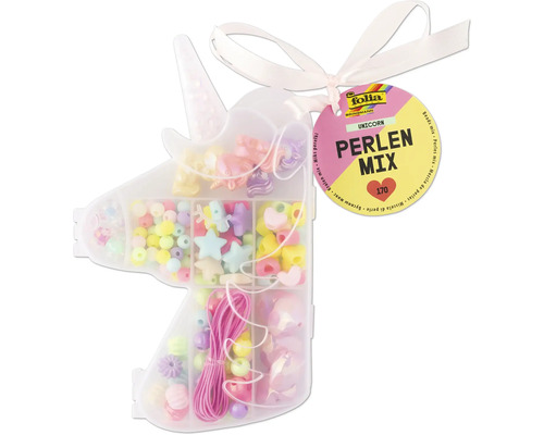 Set de mărgele într-un recipient în formă de unicorn cu mărgele, pandantive și elastic