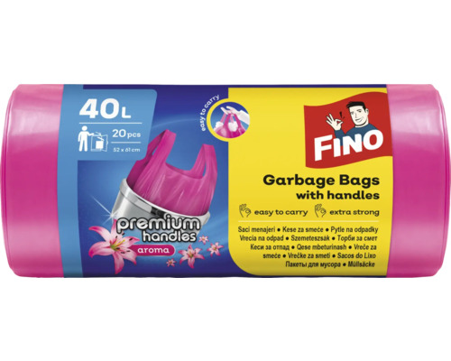 Saci menajeri Fino Premium 40L 52x62 cm, cu mânere, parfumați, rolă 20 bucăți Saci de gunoi Fino cu mânere, 40 litri, 20 bucăți