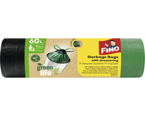 Saci menajeri Fino Green Life 60L 63x72 cm, cu șnur de legat, rolă 10 bucăți Fino saci de gunoi rolă, 60 litri, 10 bucăți