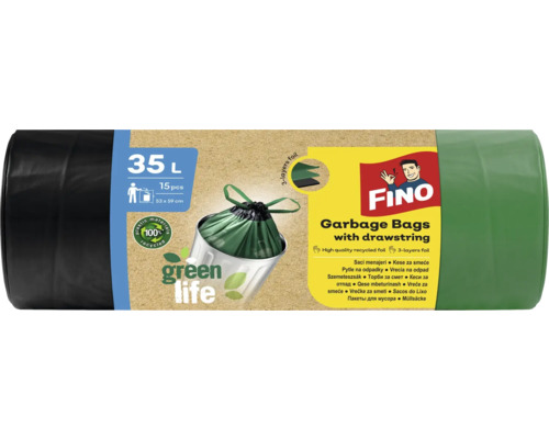 Saci menajeri Fino Green Life 35L 53x60 cm, cu șnur de legat, rolă 15 bucăți Saci de gunoi Fino cu șnur, 35 litri, 15 bucăți
