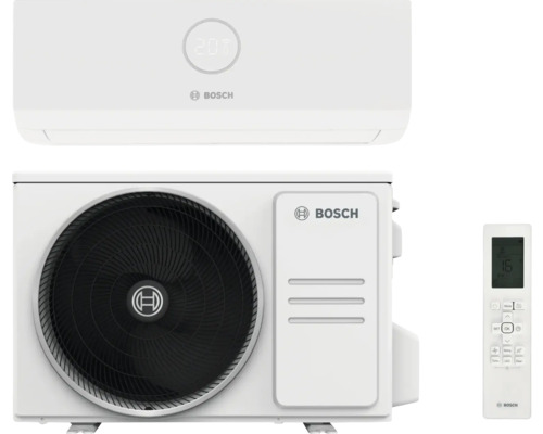 Aparat de aer condiționat Bosch cu unitate exterioară, unitate interioară și telecomandă