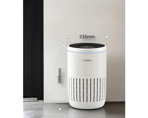 Sigla Bosch pe purificator de aer alb cu dimensiunile de 235 milimetri pe 388 milimetri