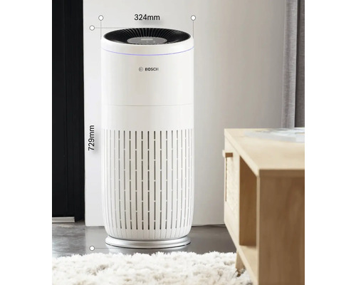 Purificator de aer Bosch cu dimensiunile de 729 mm înălțime și 324 mm diametru
