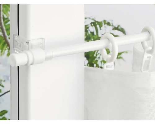 Bară cafenea extensibilă Aura albă 135-225 cm Bară de perdea cu inele și cleme transparente pentru prinderea de fereastră