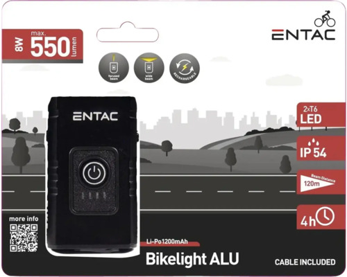 Lumină de bicicletă Entac din aluminiu, 550 lumeni, cu tehnologie LED