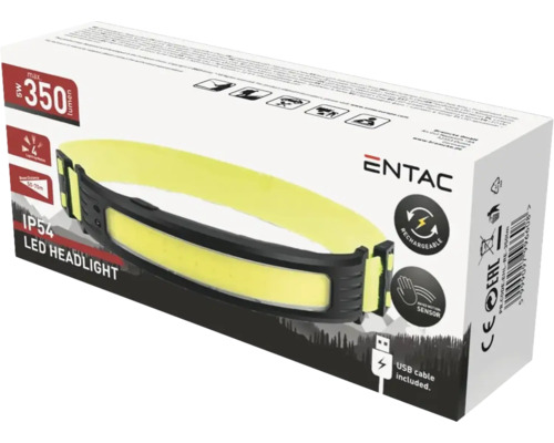 Lanternă frontală LED ENTAC cu cablu USB în ambalaj