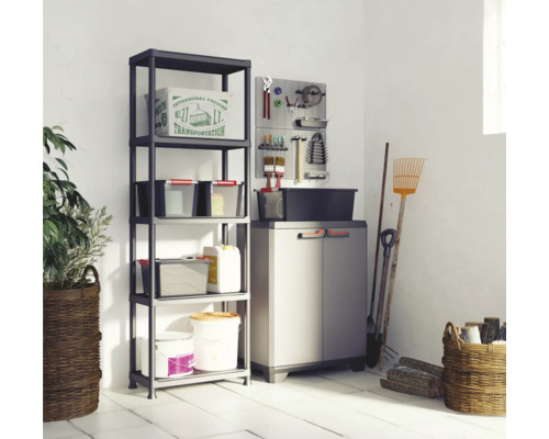 Sistem de depozitare de interior cu raft, dulap și panou pentru scule