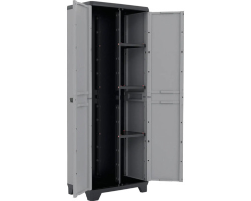 Dulap de grădină din plastic cu rafturi și uși deschise