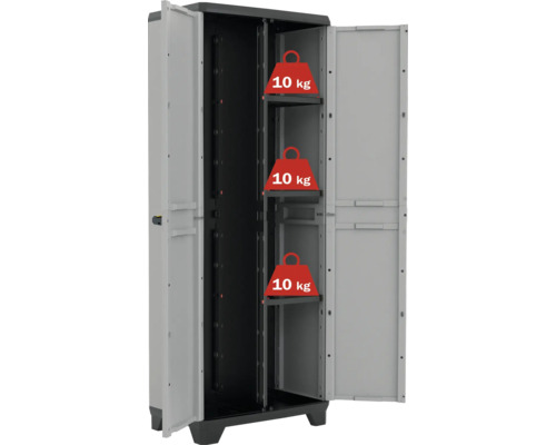 Dulap înalt din plastic cu trei rafturi, fiecare cu o capacitate portantă de zece kilograme