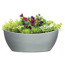Jardinieră gri cu diverse flori și plante