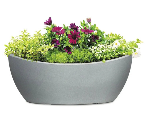 Jardinieră gri cu diverse flori și plante