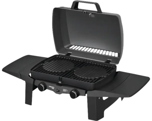 Grătar portabil pe gaz cu două arzătoare, grătar și mese laterale.