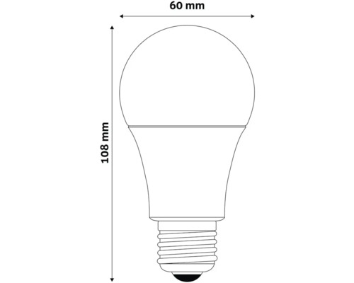 Ilustrație a unui bec cu dimensiunile de 60 mm lățime și 108 mm înălțime
