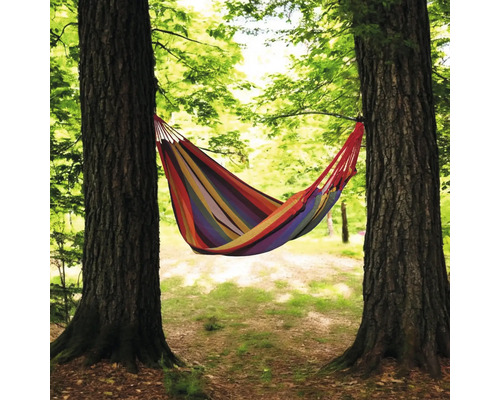 Hamac cu dungi între doi copaci în pădure