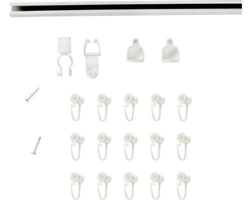 Șină de perdea cu accesorii precum glisiere, cârlige și șuruburi