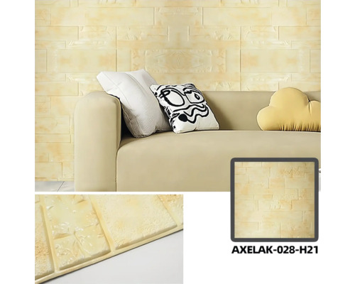 Panouri decorative de perete cu aspect de piatră în spatele unei canapele cu perne