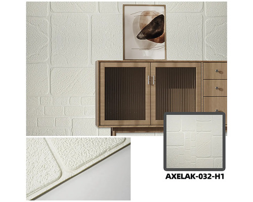 Scenă cu panouri de perete texturate cu aspect de piatră și o comodă sugerată