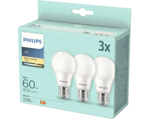 Pachet de trei becuri LED Philips E27 8 wați
