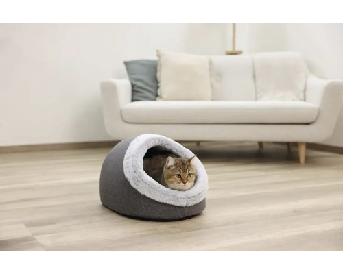 Pisică într-o cușcă de pisică gri cu margine moale