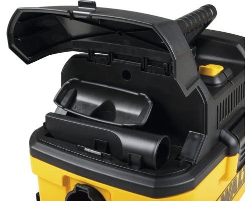 Imagine detaliată a unui aspirator umed-uscat galben și negru, cu compartimentul pentru accesorii deschis