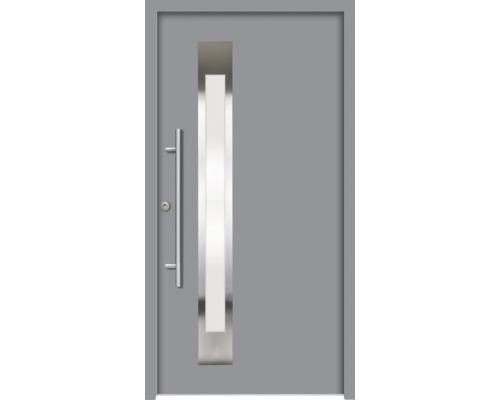 Ușă de intrare gri cu mâner din oțel inoxidabil și decupaj pentru lumină