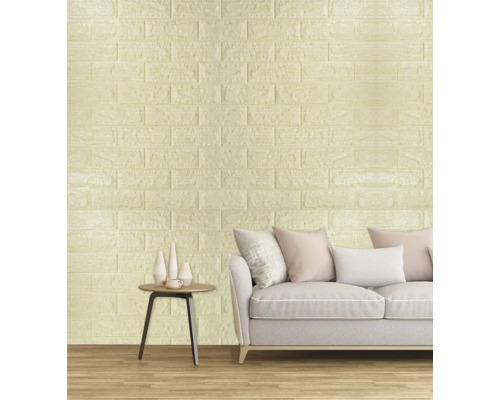 Scenă cu panouri de perete din cărămidă de spumă, canapea și măsuță laterală