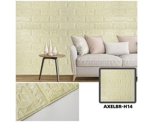 Living cu panouri de perete cu aspect de cărămidă, masă și canapea.