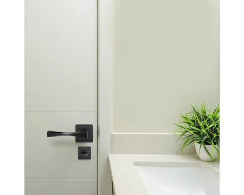 Scenă modernă de baie cu ușă albă și clanță neagră